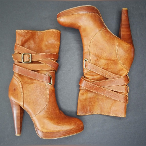 Frye Women's Size 6M Harlow Multi Strap Stiletto Boots Cognac All Leather - Picture 1 of 10